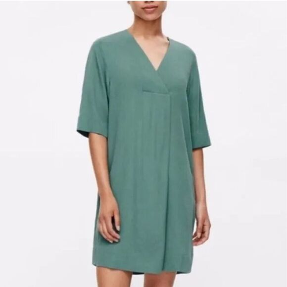NWOT COS Relaxed Elegance Green V-Neck Cupro Light Green Tunic Dress 4 - Picture 1 of 10